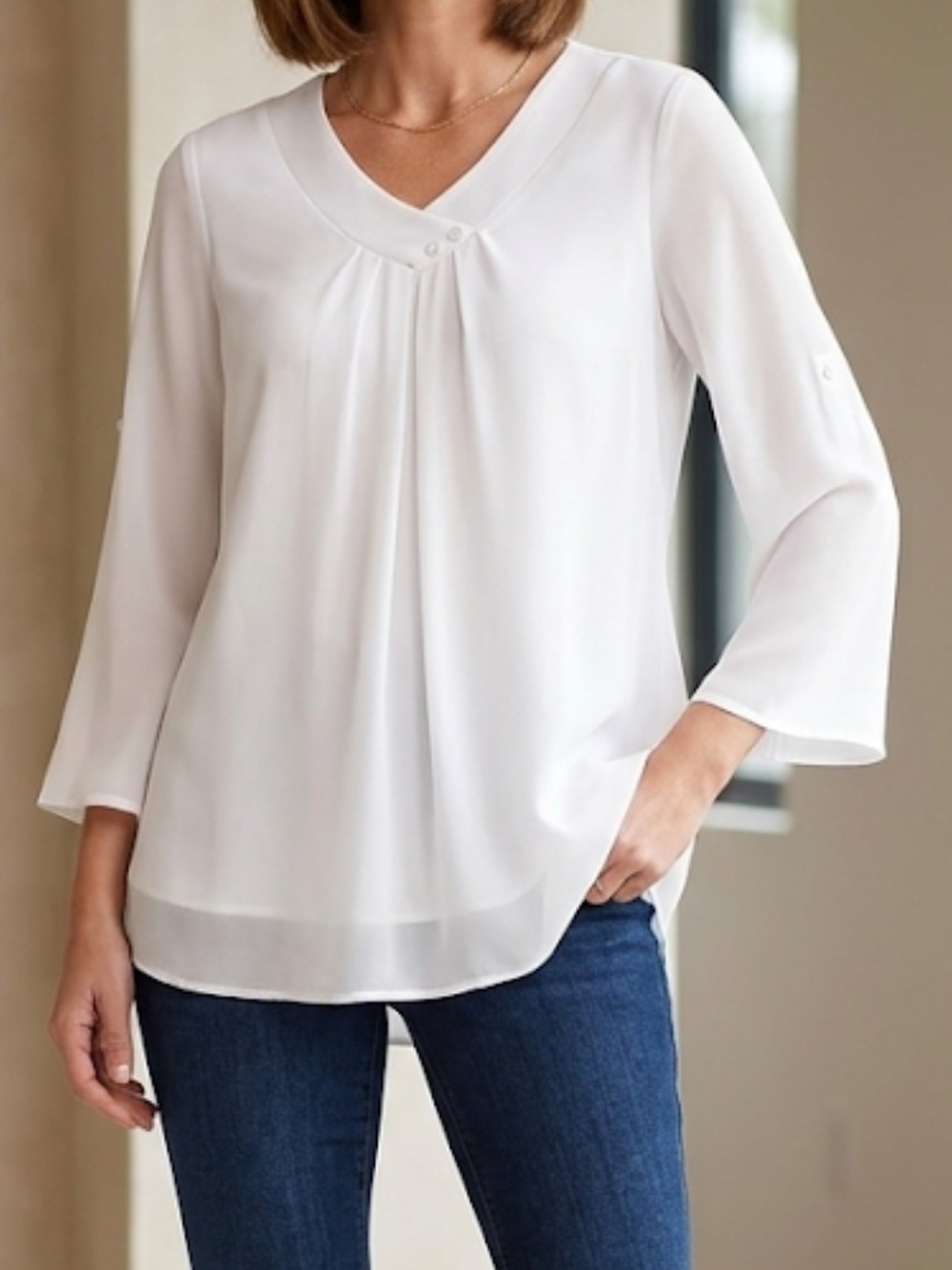 Classic White V-Neck Pleated Women’s Blouse